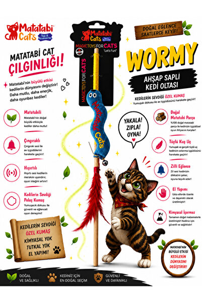 MATATABİ CATS Wormy Wooden Handled Cat Fishing Rod with Plush Cat Toy - Matat...