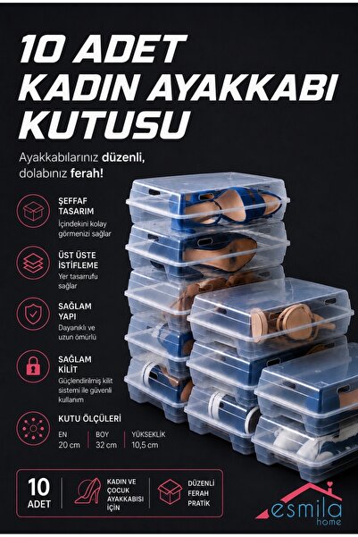 ESMİLA 10 Adet Kadın Ayakkabı Kutusu Şeffaf Ayakkabı Düzenleyici Organizer Ha...