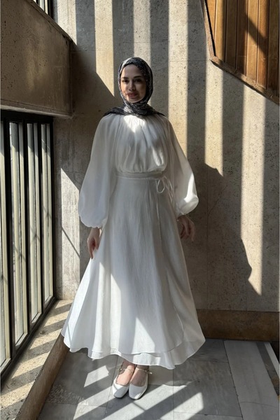 Faya Boutique Dalgalı Şifon Kumaş Beyaz Balon Kol Takım