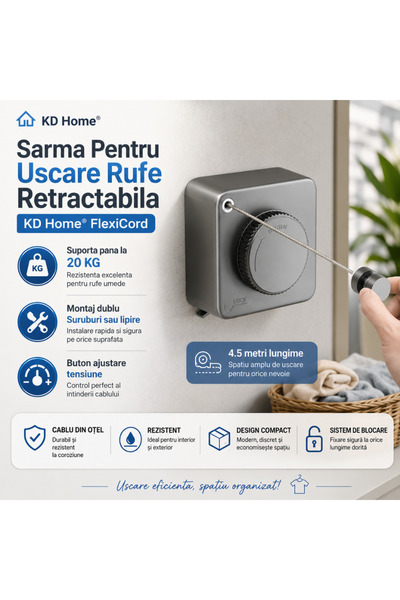 kd home Sarma Uscare Rufe Retractabila KD Home FlexiCord, Cablu 4.5m, Otel, Suporta 20kg, Ajustabil, Gri