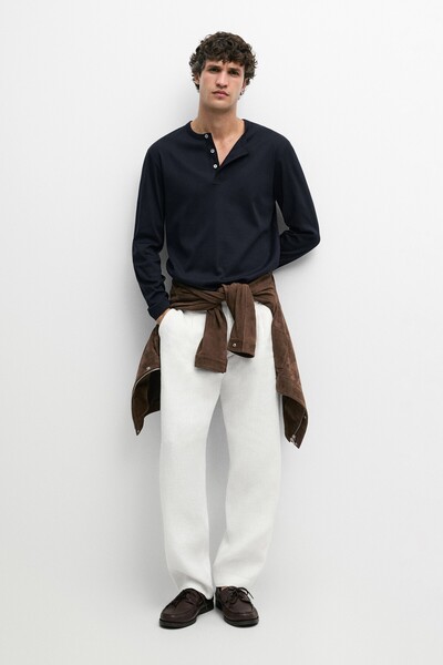 Massimo Dutti %100 pamuklu uzun kollu düğmeli yaka t-shirt