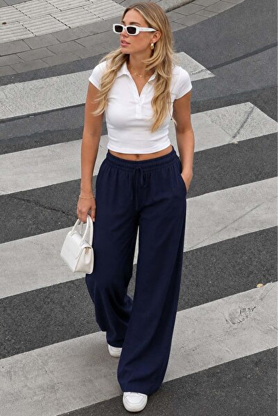 Madmext Γυναικείο παντελόνι Navy Blue Wide Leg MG1982
