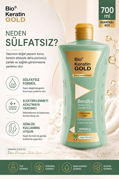 Bio Keratin Gold Brezilya & Keratin Terapi Düzleştirme Etkili Sülfatsız Şampuan 700 ml