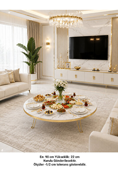 DOGANDEKOR 90 CM YUVARLAK GOLD DETAYLI YER SOFRASI
