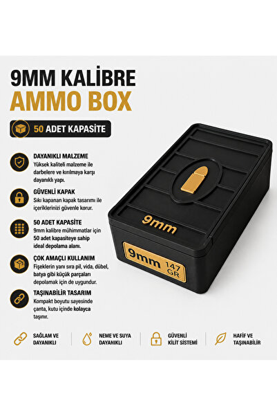 Memania Co 9mm Mühimmat Saklama Kutusu 50 Kapasiteli Mühimmat Kutusu