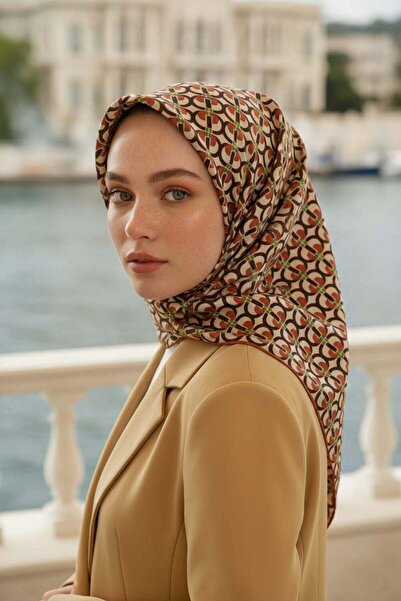 Vissona 100% حرير طويل نمط هندسي لون أسمر 90x90 وشاح طريقة الخياطة: خياطة يدوية