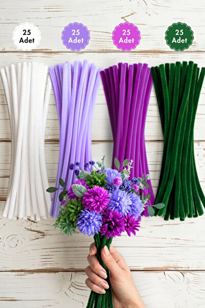 Bimotif 100lü tüylü tel şönil, 30 cm (25er adet Yeşil, Mor, Lila, Beyaz Şönil...