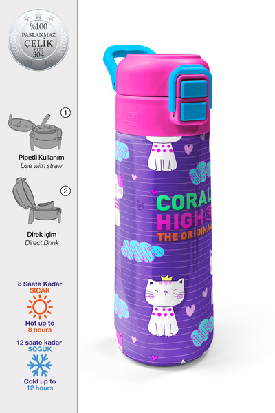 Coral High ترمس ستيل منقوش على شكل قطة أرجوانية وردية للأطفال مع شفاطة للشرب ...