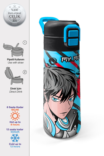 Coral High Kids Siyah Mavi Anime Desenli Pipetli ve Direkt İçim Çelik Termos ...