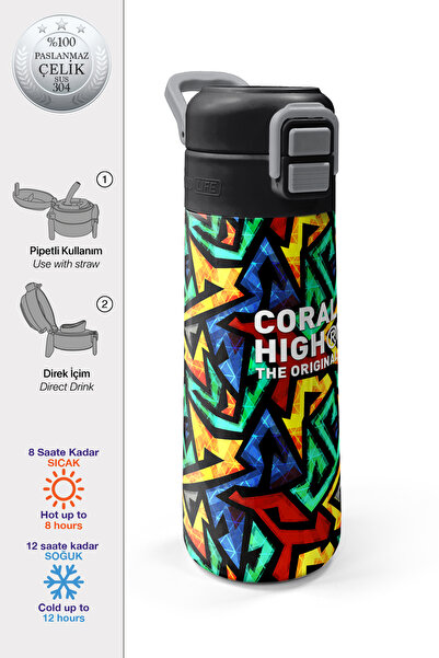 Coral High Kids Siyah Grafiti Desenli Pipetli ve Direkt İçim Çelik Termos 500...
