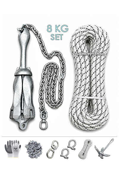 SomayStore Tekne ve Şişme Bot İçin Hazır Çapa Seti 8Kg Şemsiye Çapalı (Eldive...