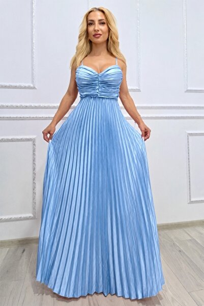 FashionForYou Rochie lungă plisată NYSA UNI, cu legătură la spate, Azur