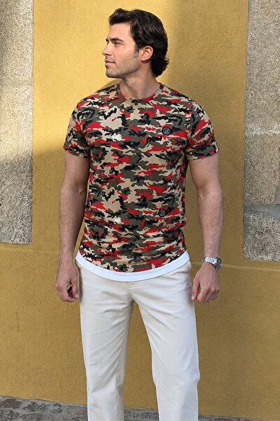 Madmext Tricou roșu cu model de camuflaj pentru bărbați 4480