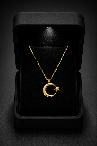 ÇEKİRDEK JEWELRY Işıklı Hediye Kutulu 925 Ayar Gümüş Ay Yıldız Kolye – Gold K...