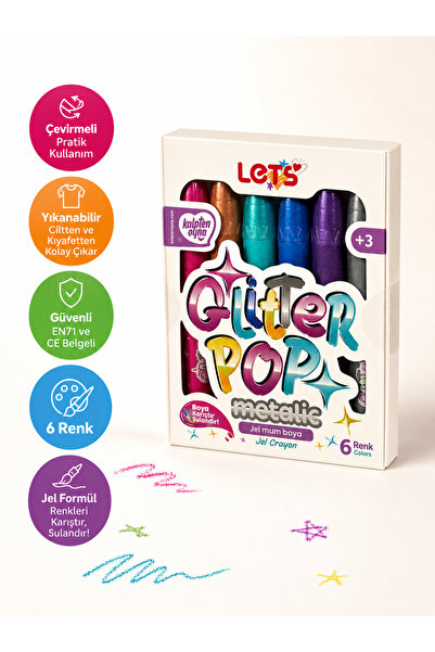 Lets Glitterpop Metalik 6’lı Yıkanabilir Jel Mum Boya – Kolay Temizlenir
