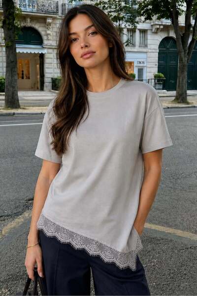 Madmext Painted Gray Lace Detailed Waist-Fitted Asymmetrical Women's T-Shirt ...