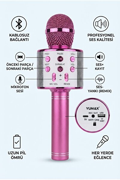yumax Kablosuz Karaoke Mikrofon – Bluetooth, 60 Desibel Metal Gövde, USB & SD...