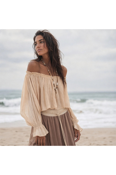 su koleksiyon tekstil Sahra Madonna Collar Crop Bluz / Ecru