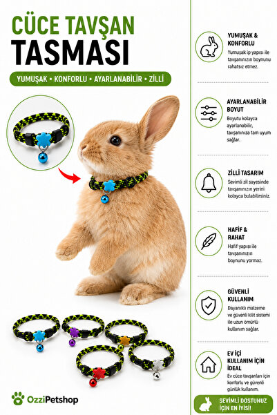 ozzipetshop Cüce Tavşan Tasması Boyun Tasması Ayarlanabilir Zilli Yumuşak Kon...
