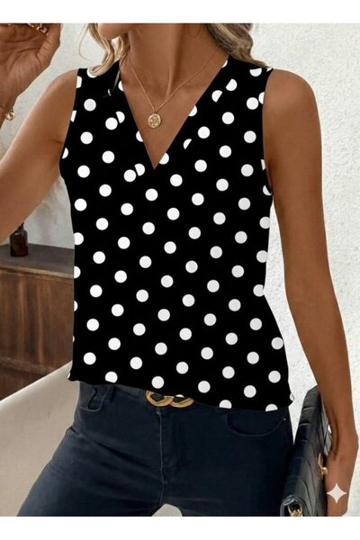 Generic Brand Women's Strappy V-Neck Polka Dot Single Jersey Blouse