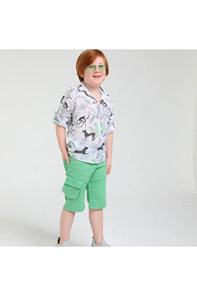 Minigimin Cicileri Boy's Sleeve Fold Shirt with Safari Print - Green