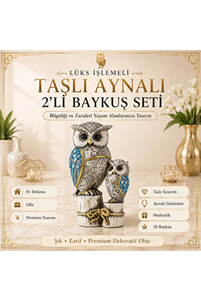 e-life shop Lüks İşlemeli Taşlı Aynalı 2’li Baykuş Biblo Seti Bahçe Ofis Kons...