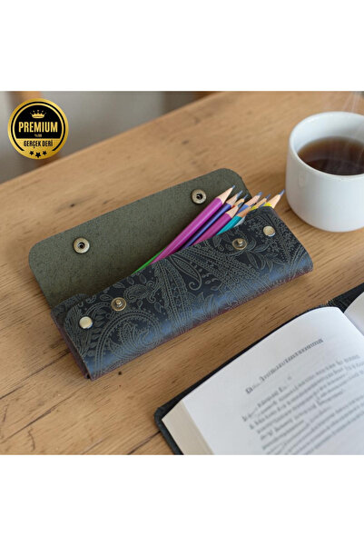 TeriArte Patterned Leather Pen Holder, Genuine Leather Small Pencil Case – Bu...