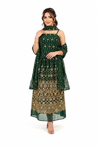 unbranded Women's Emerald Green Embroidered Midi Evening Dress with Gold Lace...
