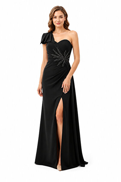 unbranded Women's One-Shoulder Black Evening Gown with Elegant Embellished Wa...