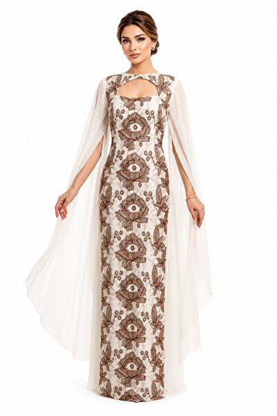 unbranded Women's Ivory Embroidered Chiffon Maxi Evening Dress with Cape Slee...