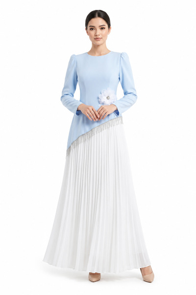 unbranded Women's Sky Blue and White Pleated Maxi Evening Dress with Floral W...