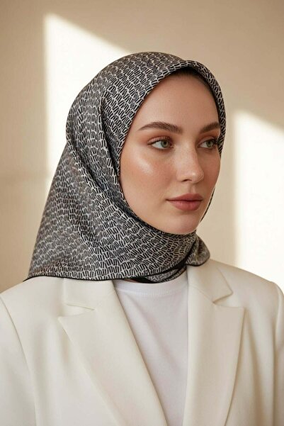 Vissona %100 Twill İpek Çizgi Desenli Krem - Siyah Renkli 90x90 Eşarp Dikim Ş...