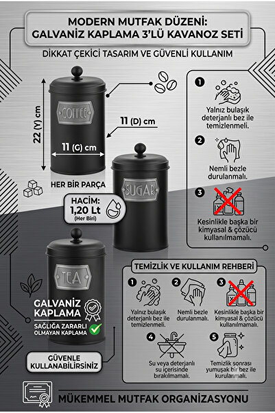 The Mia Galvaniz 3-Piece Tea, Sugar, Coffee Jar Set 1.20 Lt Food Storage Cont...