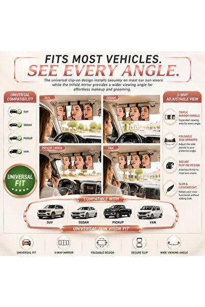 Alayjah Universal 3-Way Foldable Car Vanity Mirror – Premium Trifold Interior Accessory for Sun Visor, Sunshade & On-the-Go Makeup