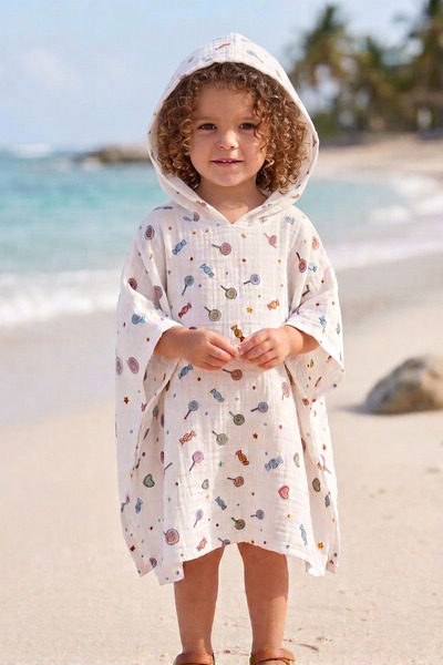 Organic 100% Cotton Muslin Patterned Children's Poncho - Hooded Sea, Pool and Bath Towel