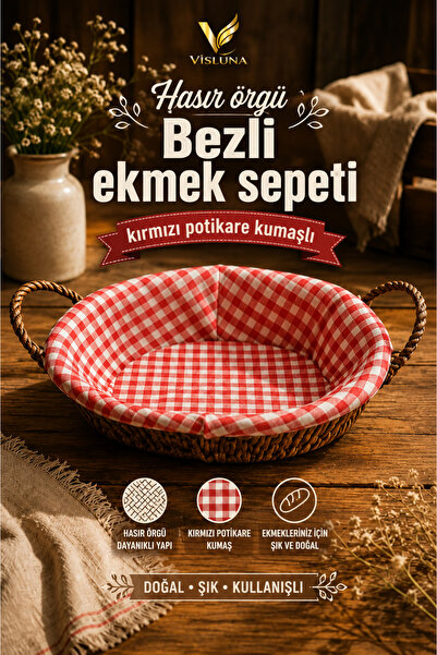 VİSLUNA Hasır Piknik Sepeti Kulplu Bezli Oval Ekmek Sepeti Çok Amaçlı Sepet 27x21x8