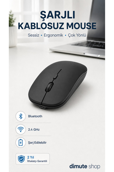MSYELEKTRONİK Şarjlı Bluetooth + 2.4GHz Kablosuz Mouse | Laptop, Mac, iPad ve...