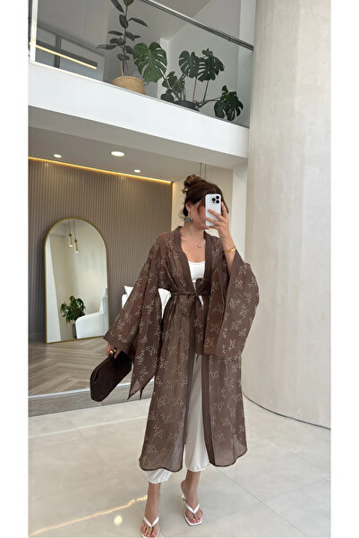 MODA S&S BZLİNE Dal desenli nakış işlemeli kemerli tül kimono