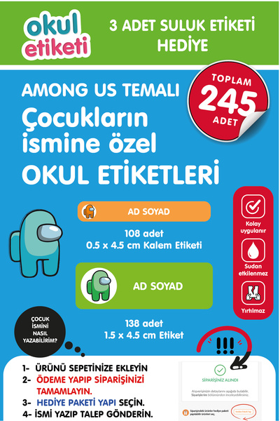 OKUL ETİKETİ BASKI OKUL ETİKETİ AMONG US TEMALI MİDİ PAKET İSME ÖZEL OKUL ETİ...