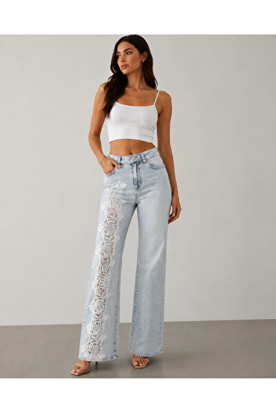 ESPARANTO Women's Lace Embroidered High Waist Loose Wide Leg Jean Pants