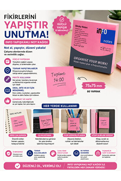 Info Notes 75X75 mm Pink Adhesive Note Pad 80 Sheets