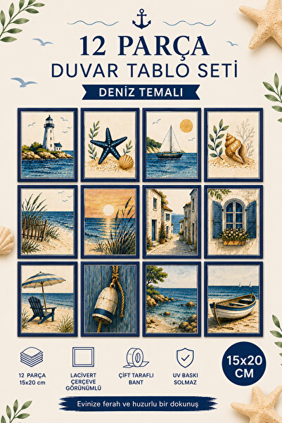 UNT 12 Piece Marine Themed Wall Painting Set 15X20 cm – Navy Blue Frame Appea...