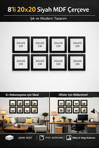 yhfoto 8 Adet 20x20 Çerçeve Siyah Kare Ister Duvarda Ister Masada Set Çerçeve...