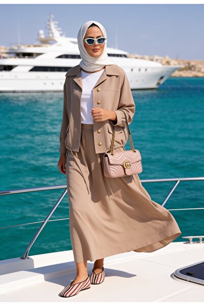 Aselim Hijap Moda Aurelia Gold Tensel Set - Skirted Suit - Beige