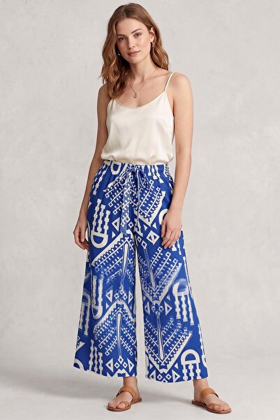hadiora Women's Blue and White Abstract Patterned Atlas Wide Leg Pants