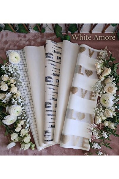 hobidaşım White Amore Çiçek Paketleme Kağıdı Seti - Su Geçirmez Desenli Beyaz...