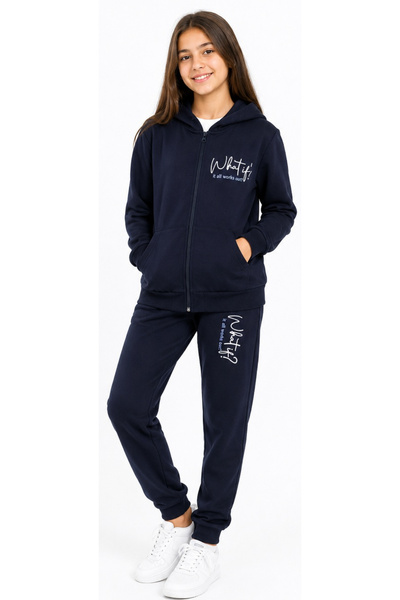 İrem Çocuk Giyim Girl's What Is Text Patterned Zippered Hooded Kangaroo Pocke...