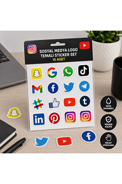 Srctech Sosyal Medya Logo Sticker Seti 15 Adet Suya Dayanıklı Vinil Laptop Te...