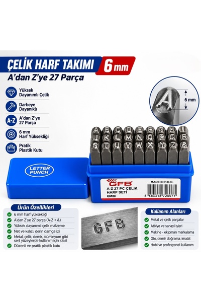 GFB GFB6795 A-Z 27 Parça Çelik Harf Takımı 6 mm Çelik Harf Takım