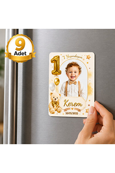 Hediye Baskıcı Ayıcık Temalı 1 Yaş Fotoğraflı Buzdolabı Magneti 6x9 cm – İsim...